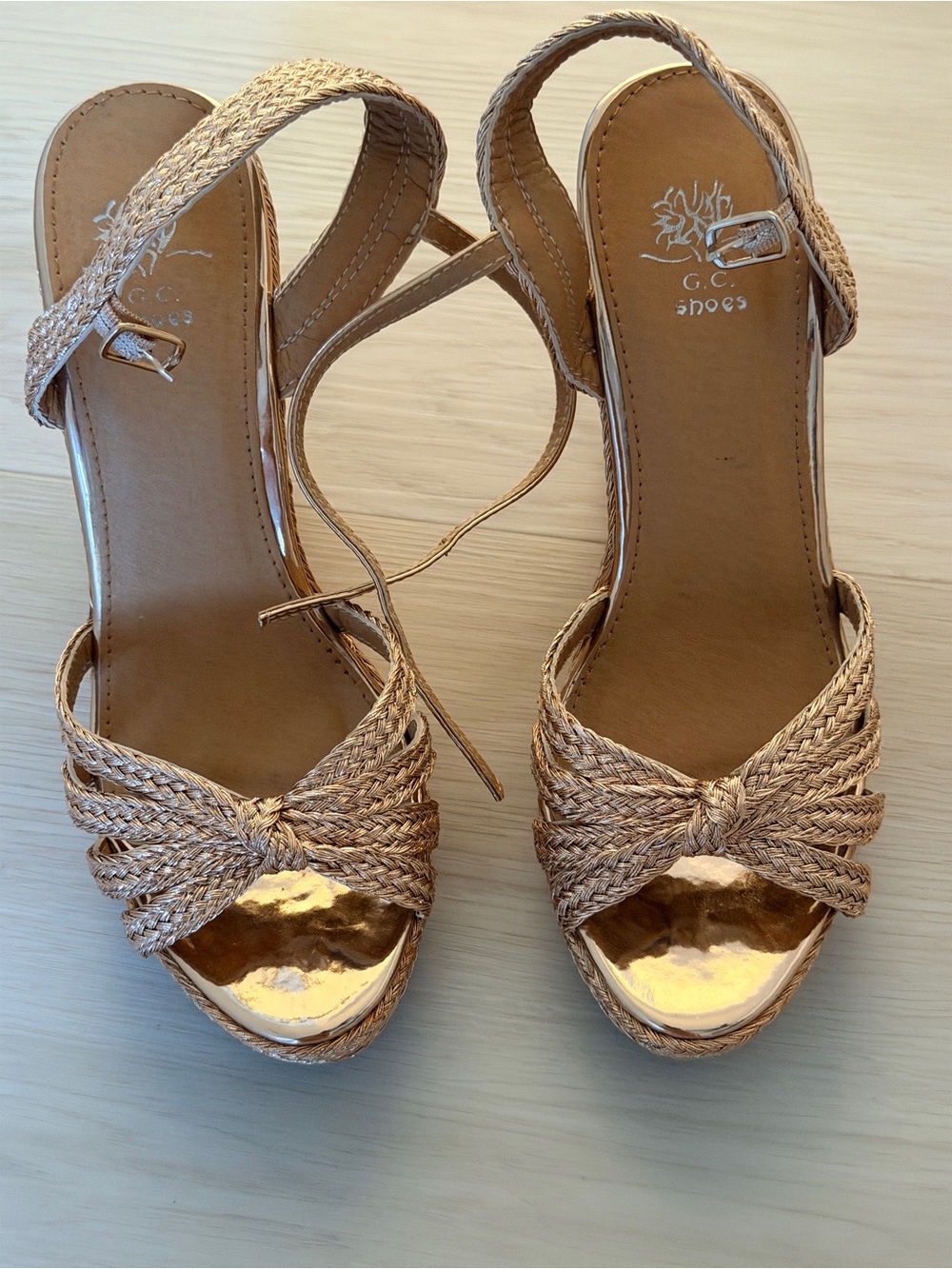 Women’s Woven Metallic Gold Wedge Sandals